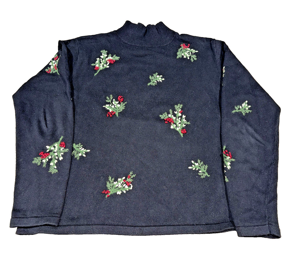 Vintage Talbots Black Holly Embroidered Christmas Sweater Women’s M